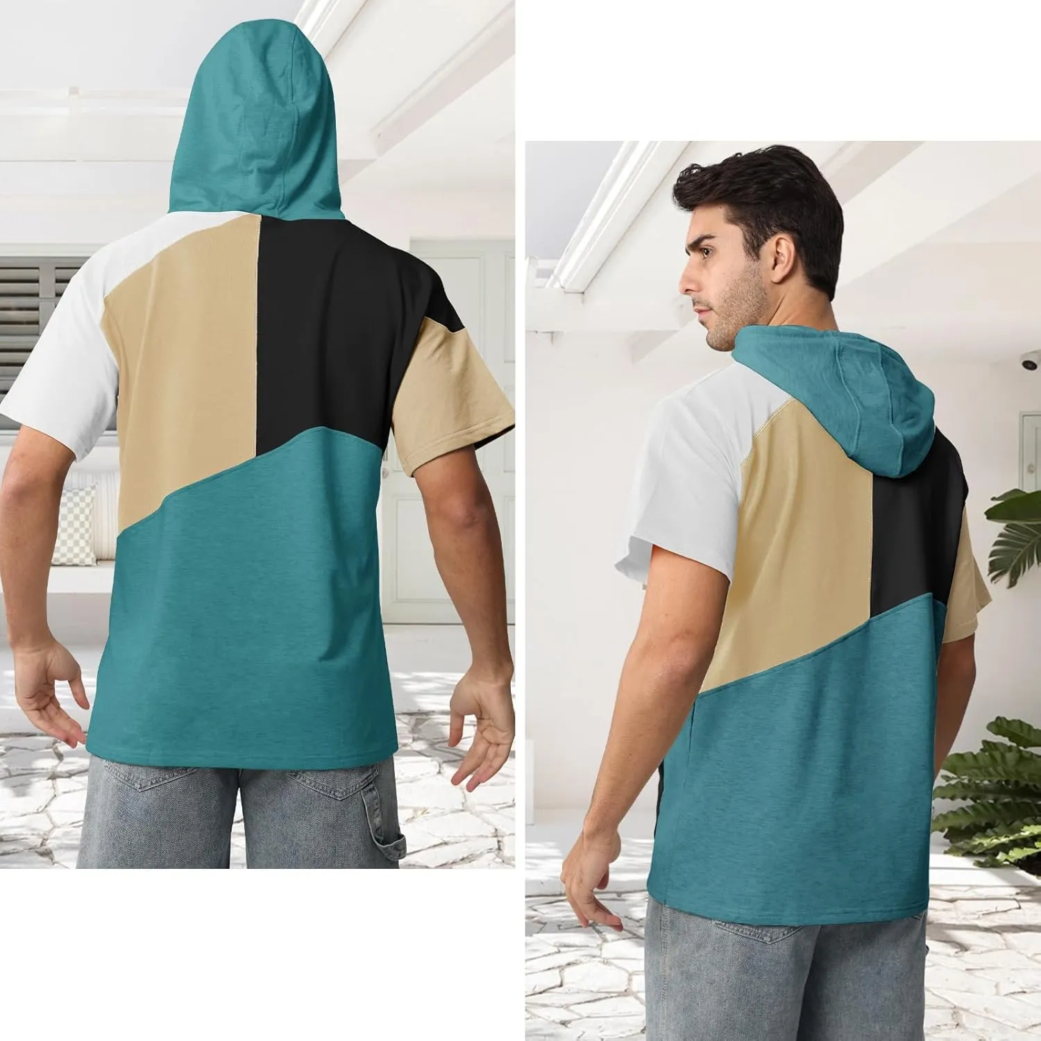 Mens Short Sleeve Hoodie Cotton Color Block T-Shirt Sweatshirt Moisture Wicking Half Sleeve Summer Pullover