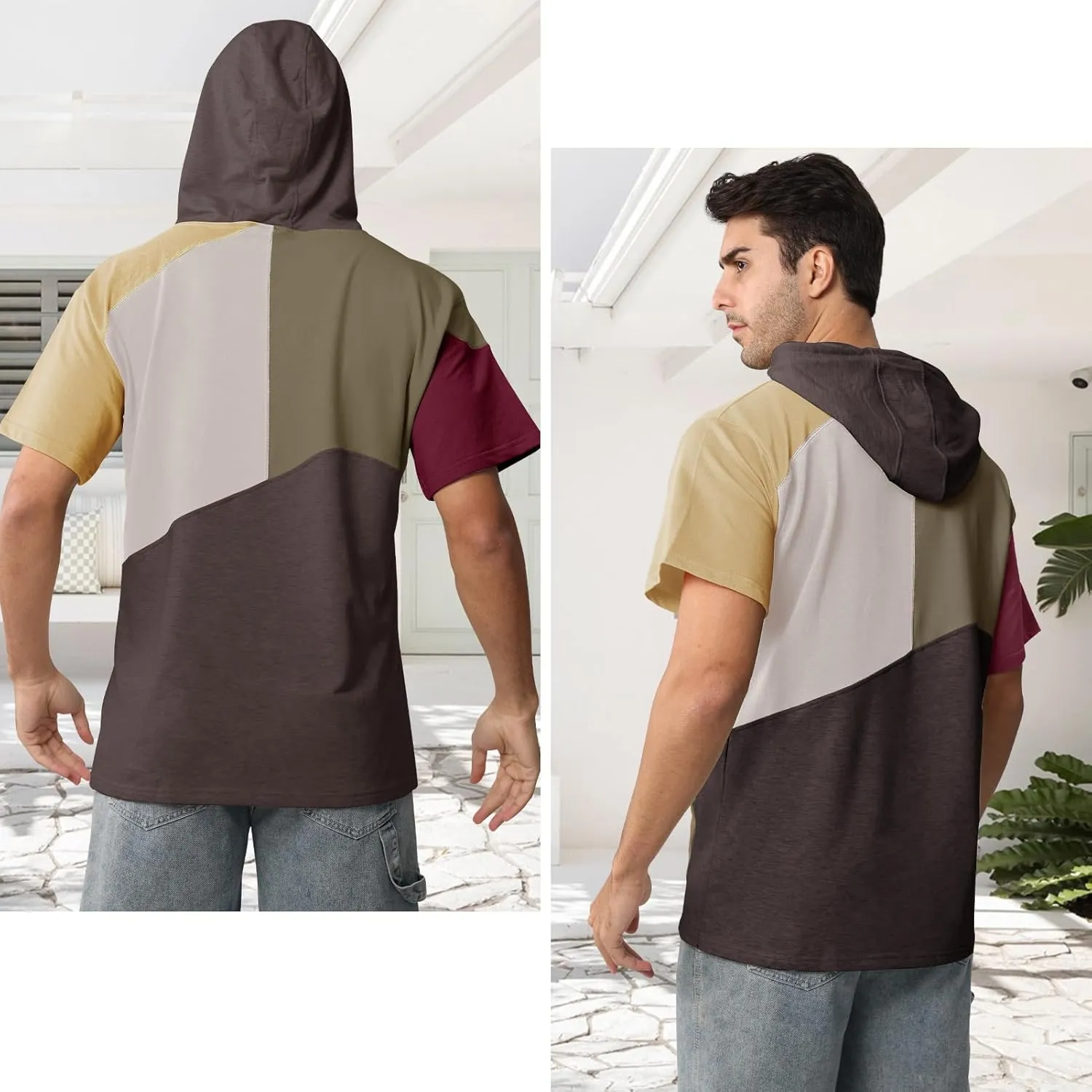 Mens Short Sleeve Hoodie Cotton Color Block T-Shirt Sweatshirt Moisture Wicking Half Sleeve Summer Pullover
