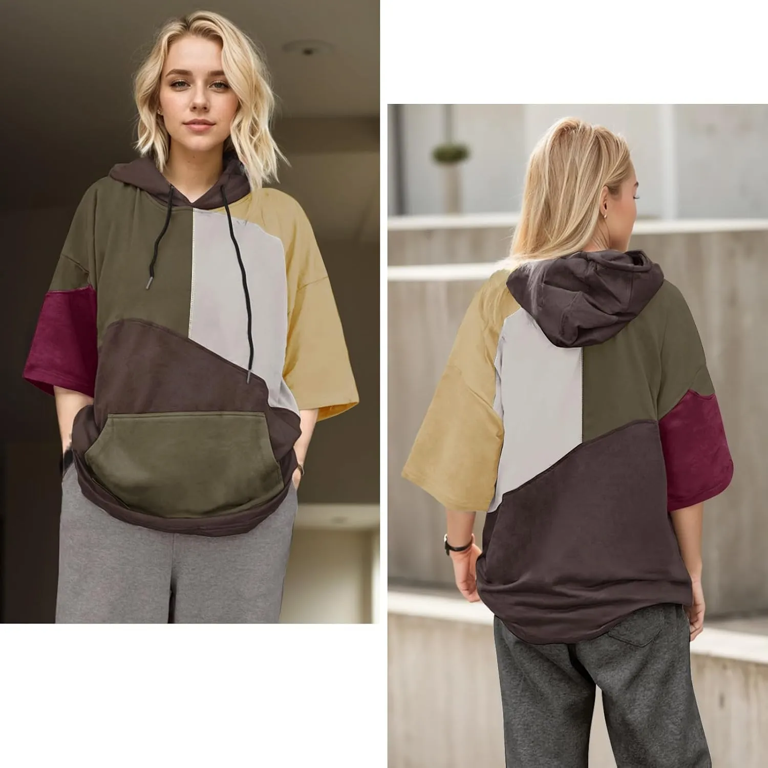 Mens Short Sleeve Hoodie Cotton Color Block T-Shirt Sweatshirt Moisture Wicking Half Sleeve Summer Pullover