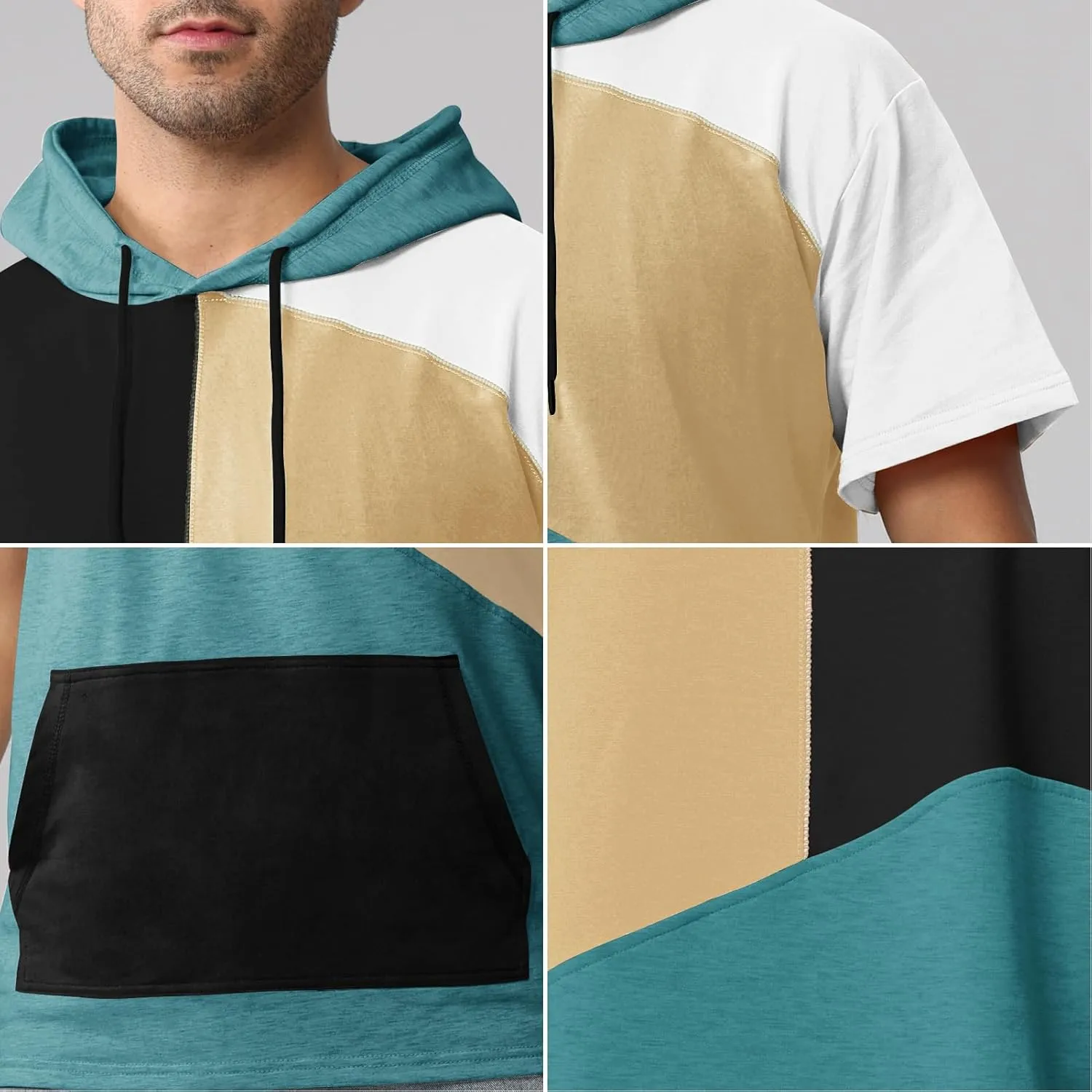 Mens Short Sleeve Hoodie Cotton Color Block T-Shirt Sweatshirt Moisture Wicking Half Sleeve Summer Pullover
