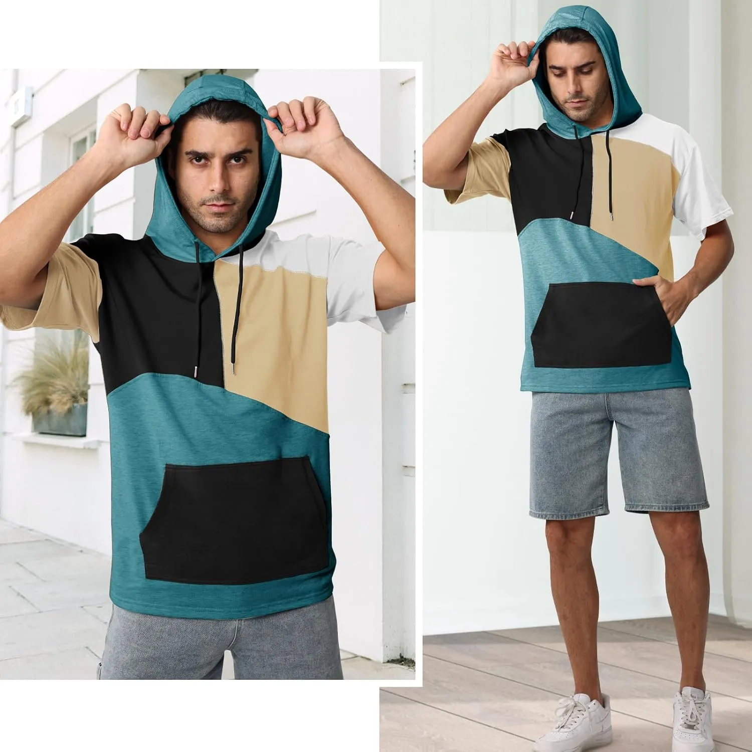 Mens Short Sleeve Hoodie Cotton Color Block T-Shirt Sweatshirt Moisture Wicking Half Sleeve Summer Pullover