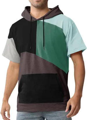 Mens Short Sleeve Hoodie Cotton Color Block T-Shirt Sweatshirt Moisture Wicking Half Sleeve Summer Pullover