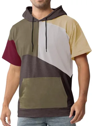 Mens Short Sleeve Hoodie Cotton Color Block T-Shirt Sweatshirt Moisture Wicking Half Sleeve Summer Pullover