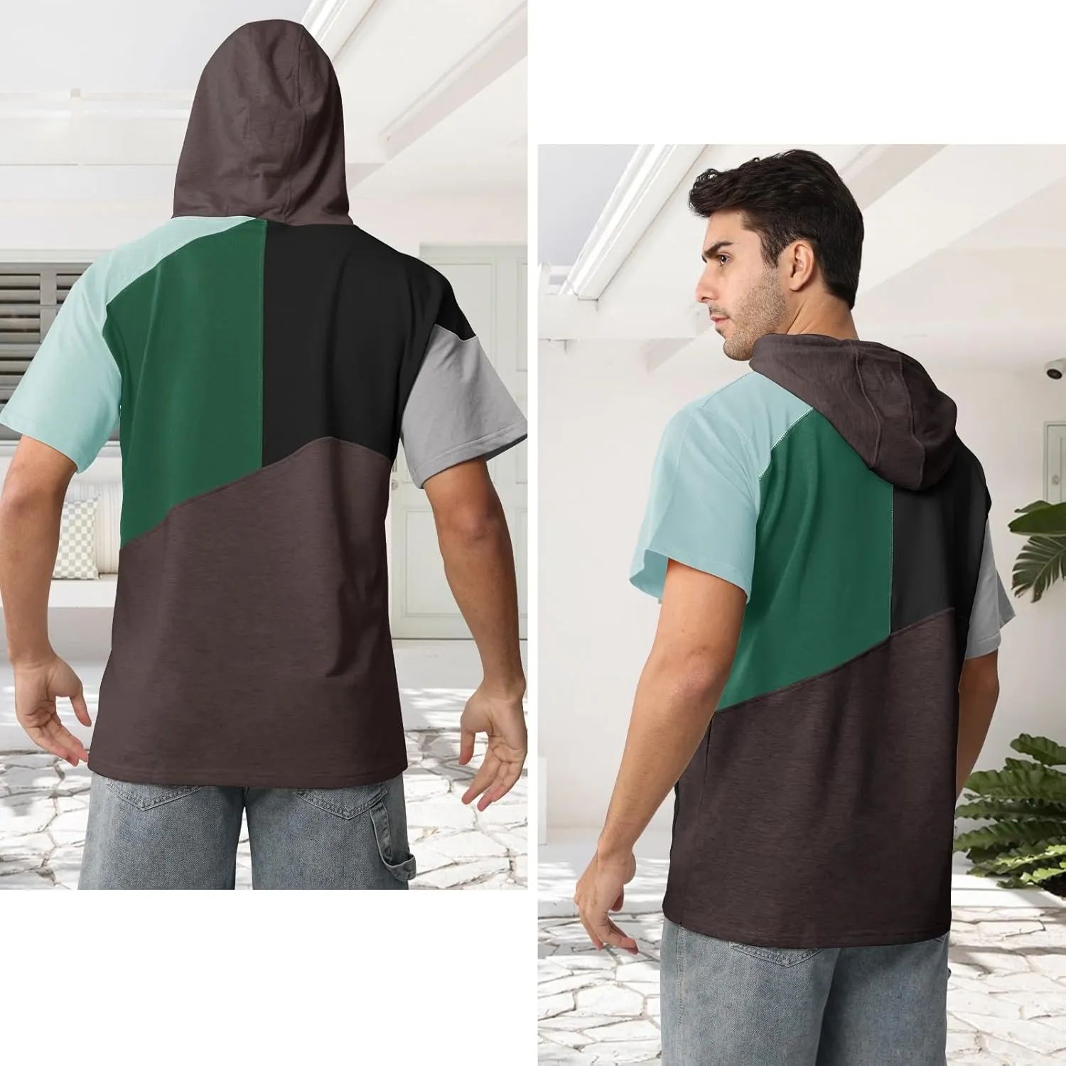 Mens Short Sleeve Hoodie Cotton Color Block T-Shirt Sweatshirt Moisture Wicking Half Sleeve Summer Pullover