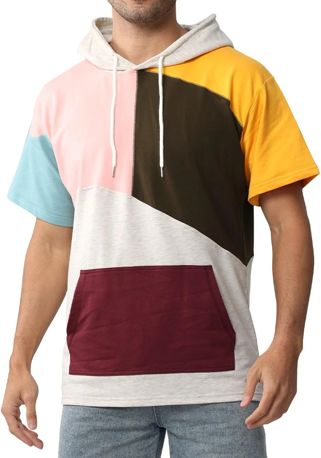 Mens Short Sleeve Hoodie Cotton Color Block T-Shirt Sweatshirt Moisture Wicking Half Sleeve Summer Pullover