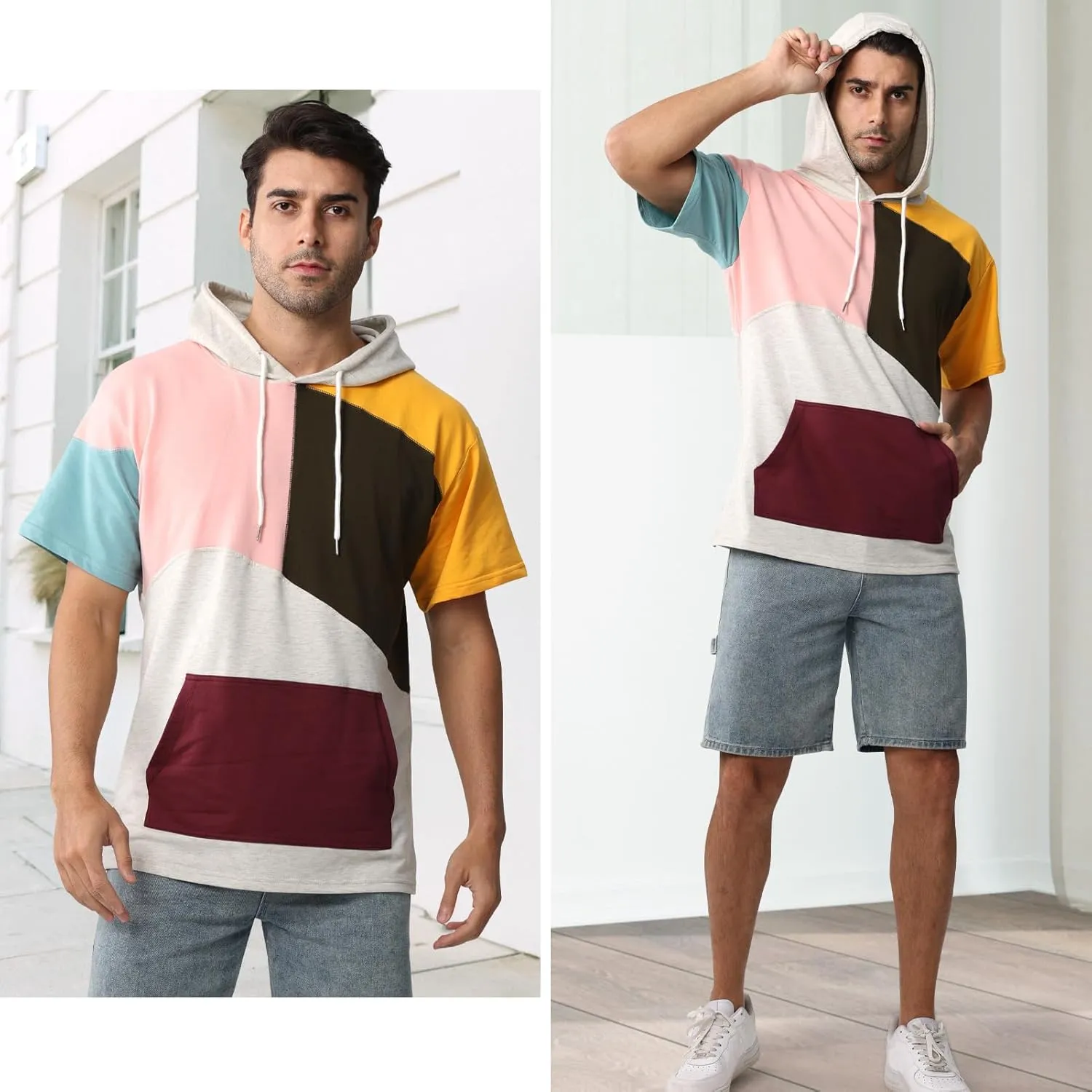 Mens Short Sleeve Hoodie Cotton Color Block T-Shirt Sweatshirt Moisture Wicking Half Sleeve Summer Pullover