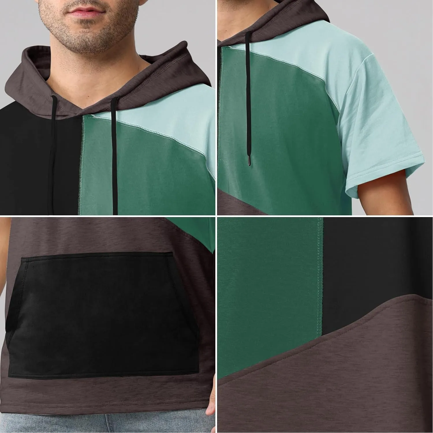 Mens Short Sleeve Hoodie Cotton Color Block T-Shirt Sweatshirt Moisture Wicking Half Sleeve Summer Pullover