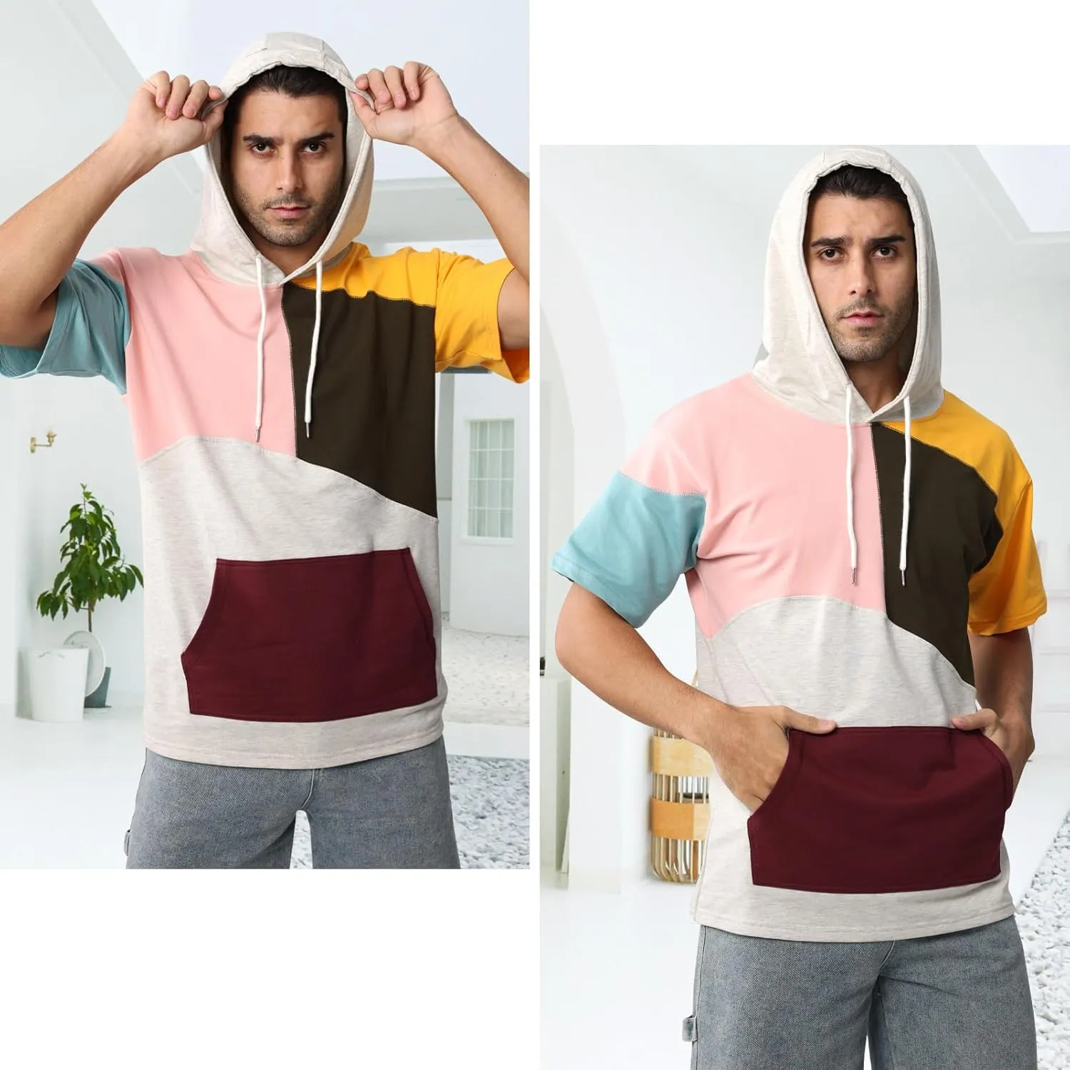 Mens Short Sleeve Hoodie Cotton Color Block T-Shirt Sweatshirt Moisture Wicking Half Sleeve Summer Pullover