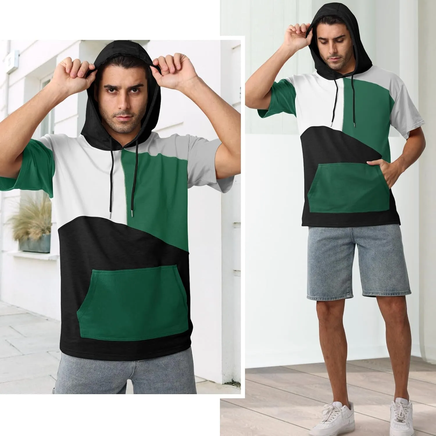 Mens Short Sleeve Hoodie Cotton Color Block T-Shirt Sweatshirt Moisture Wicking Half Sleeve Summer Pullover