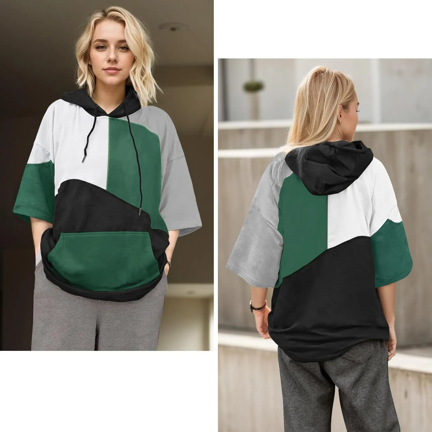 Mens Short Sleeve Hoodie Cotton Color Block T-Shirt Sweatshirt Moisture Wicking Half Sleeve Summer Pullover