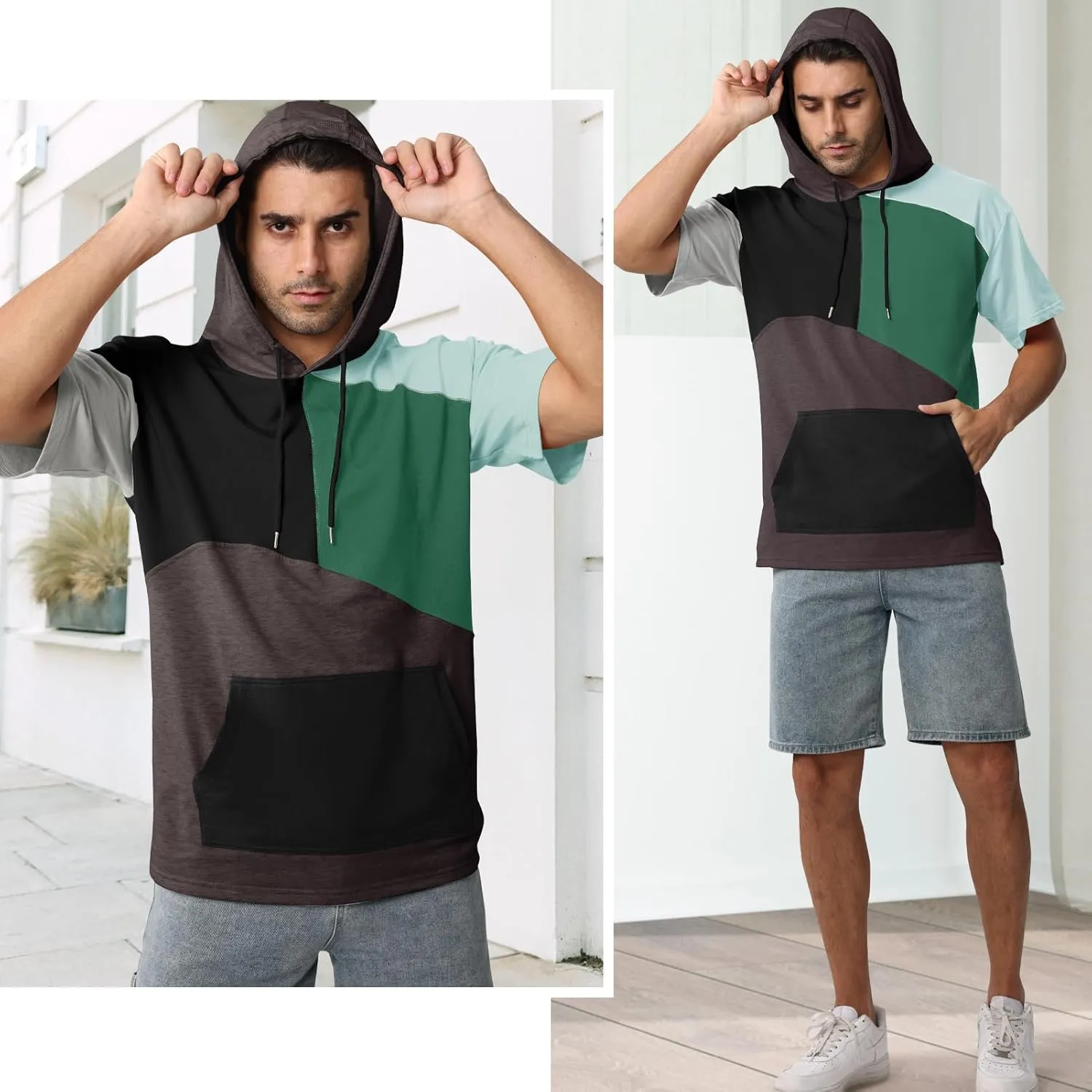 Mens Short Sleeve Hoodie Cotton Color Block T-Shirt Sweatshirt Moisture Wicking Half Sleeve Summer Pullover
