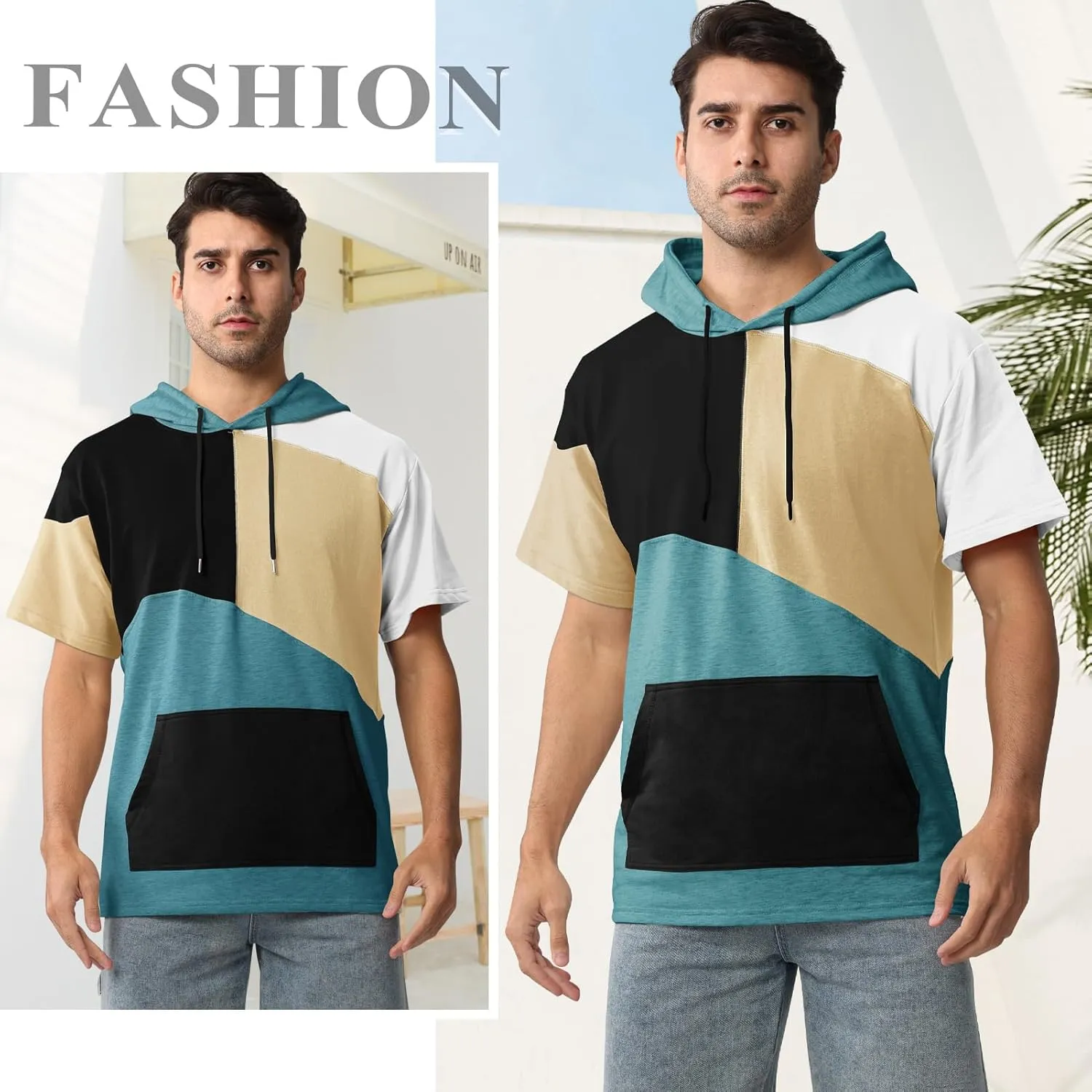 Mens Short Sleeve Hoodie Cotton Color Block T-Shirt Sweatshirt Moisture Wicking Half Sleeve Summer Pullover