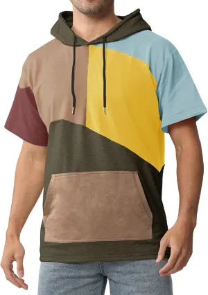 Mens Short Sleeve Hoodie Cotton Color Block T-Shirt Sweatshirt Moisture Wicking Half Sleeve Summer Pullover
