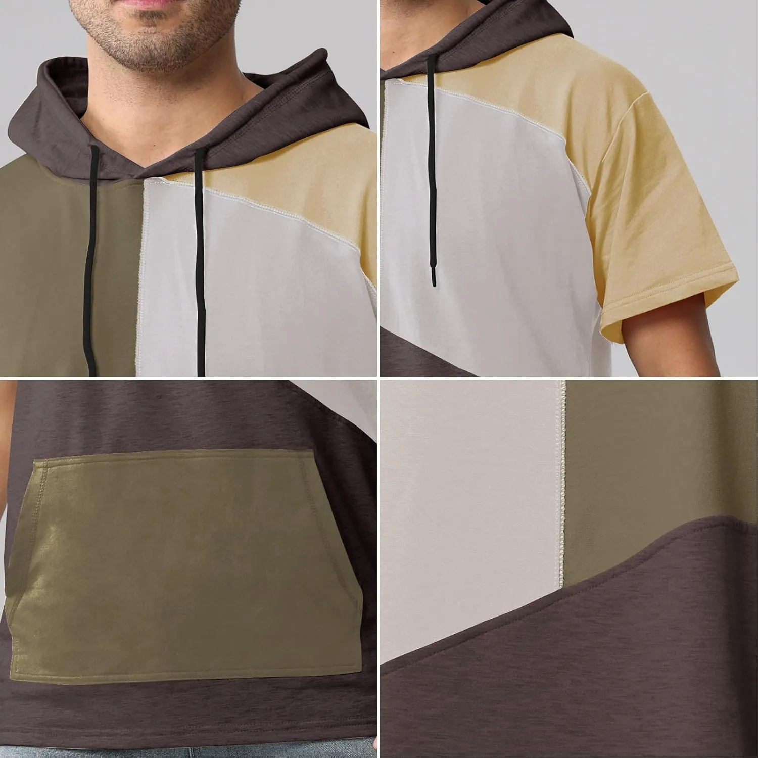Mens Short Sleeve Hoodie Cotton Color Block T-Shirt Sweatshirt Moisture Wicking Half Sleeve Summer Pullover