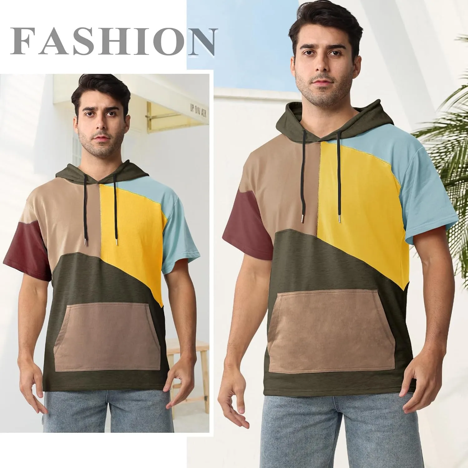 Mens Short Sleeve Hoodie Cotton Color Block T-Shirt Sweatshirt Moisture Wicking Half Sleeve Summer Pullover