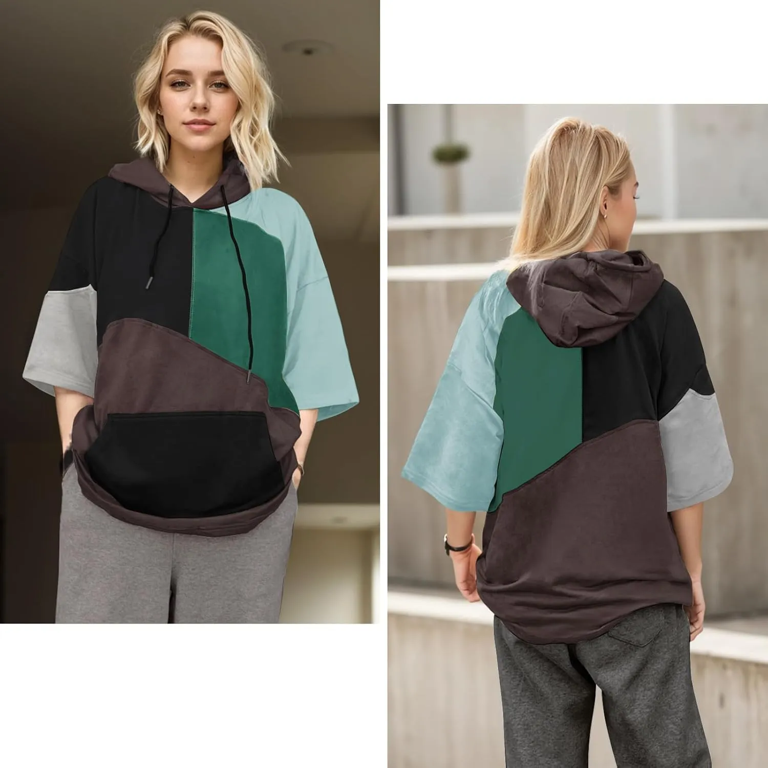 Mens Short Sleeve Hoodie Cotton Color Block T-Shirt Sweatshirt Moisture Wicking Half Sleeve Summer Pullover