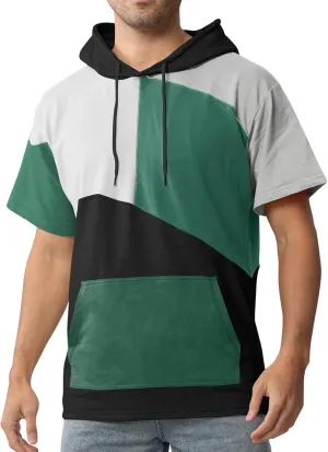 Mens Short Sleeve Hoodie Cotton Color Block T-Shirt Sweatshirt Moisture Wicking Half Sleeve Summer Pullover