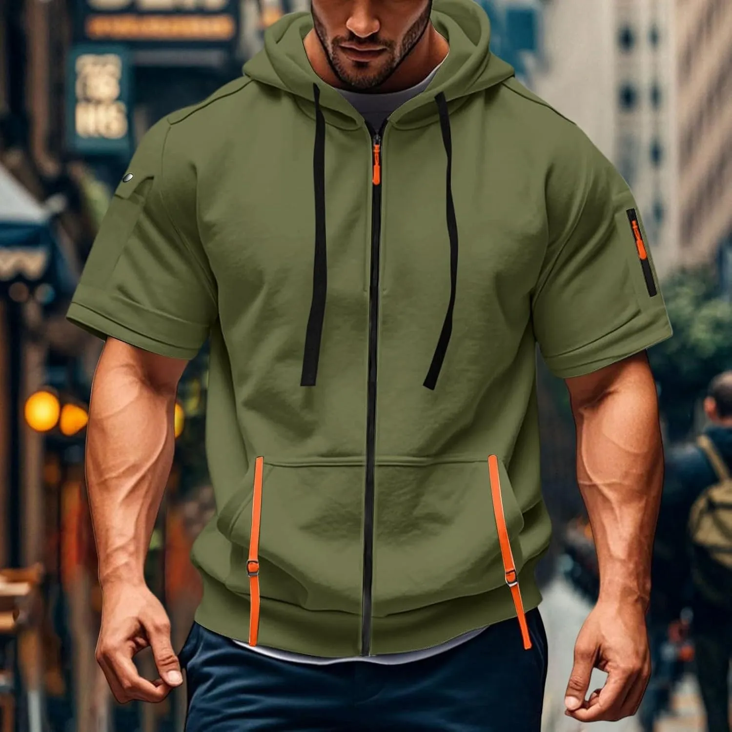 Mens Tactical Full Zip Hoodies Short Sleeve Hooded Cargo Workout Outdoor Sweatshirt with Pockets