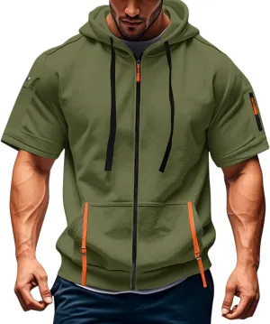 Mens Tactical Full Zip Hoodies Short Sleeve Hooded Cargo Workout Outdoor Sweatshirt with Pockets