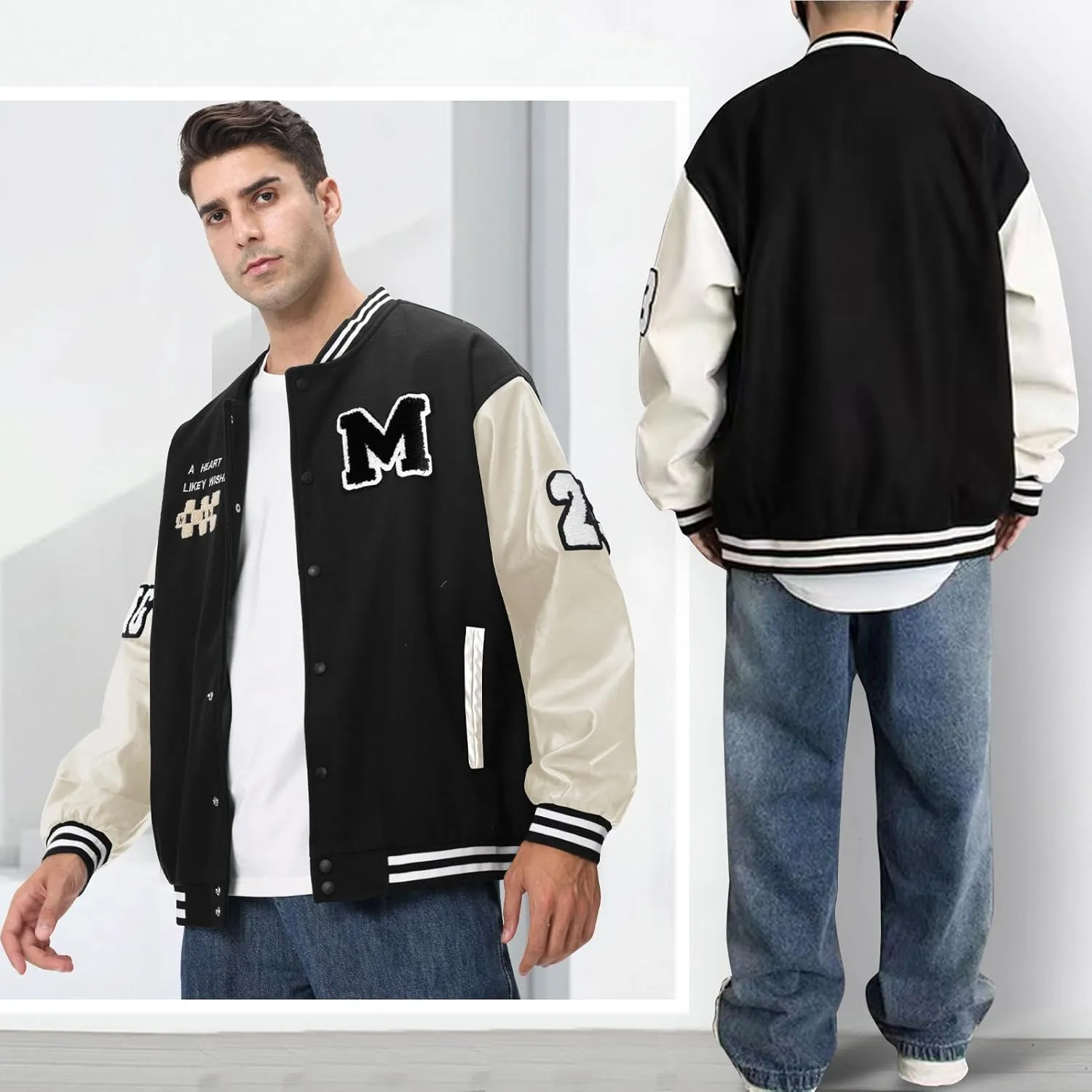 Mens Varsity Jacket Baseball Bomber Jacket Vintage Unisex Streetwear Coats with Patchwork Hipster Utility Tops