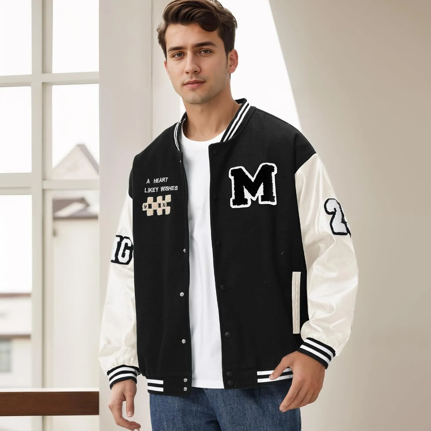 Mens Varsity Jacket Baseball Bomber Jacket Vintage Unisex Streetwear Coats with Patchwork Hipster Utility Tops