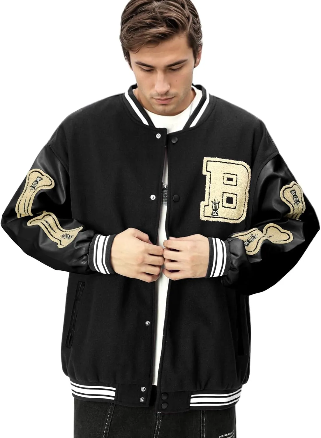 Mens Varsity Jacket Baseball Bomber Jacket Vintage Unisex Streetwear Coats with Patchwork Hipster Utility Tops