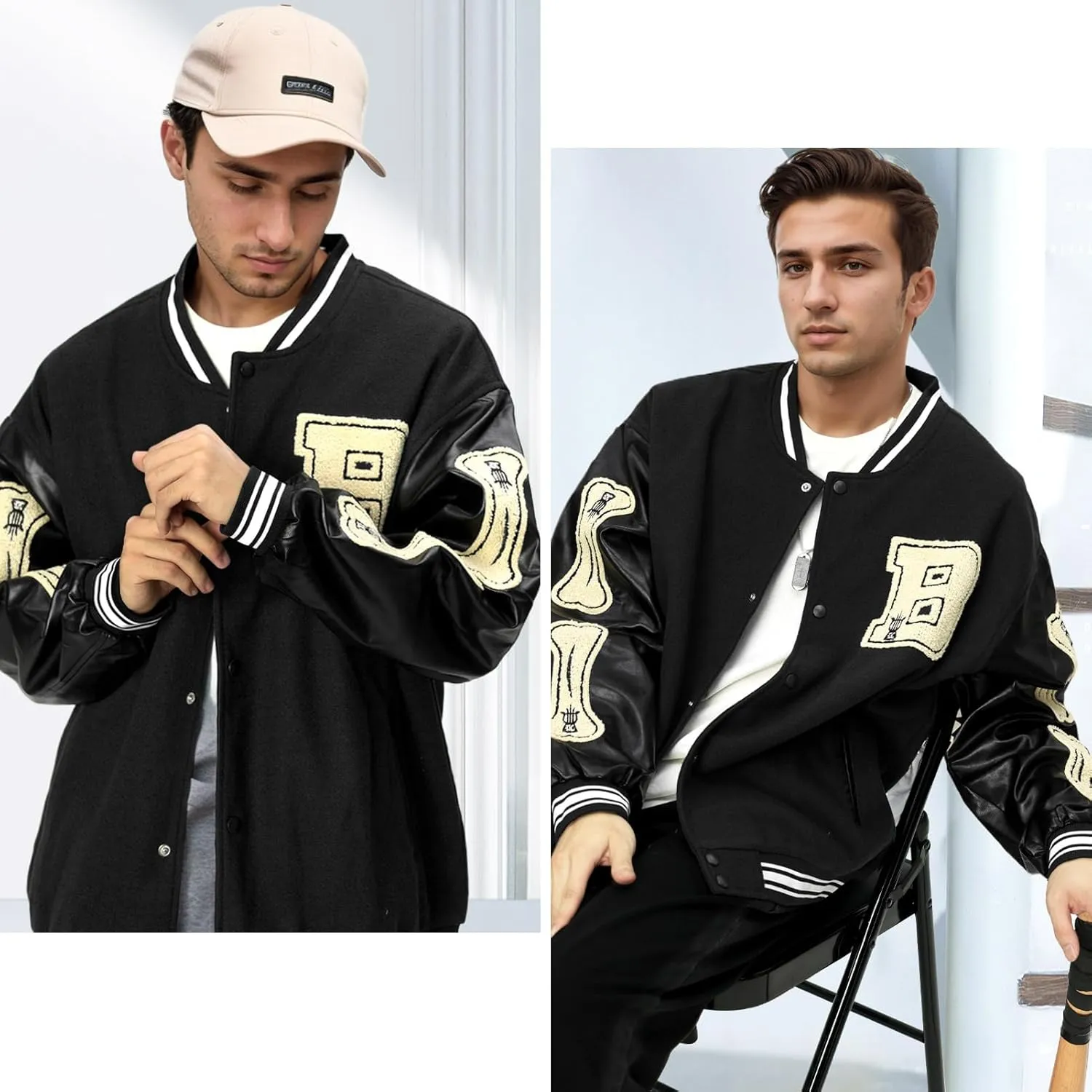 Mens Varsity Jacket Baseball Bomber Jacket Vintage Unisex Streetwear Coats with Patchwork Hipster Utility Tops