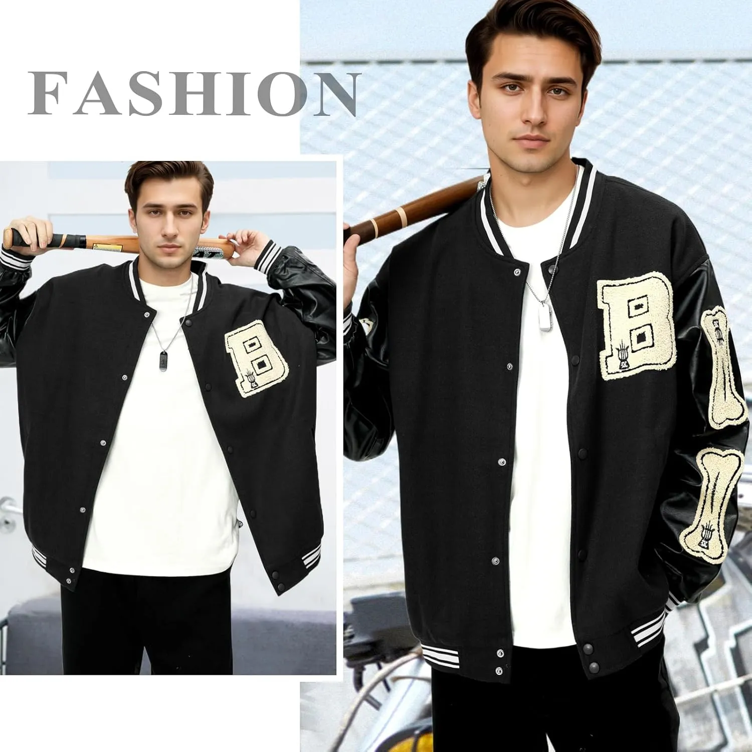 Mens Varsity Jacket Baseball Bomber Jacket Vintage Unisex Streetwear Coats with Patchwork Hipster Utility Tops