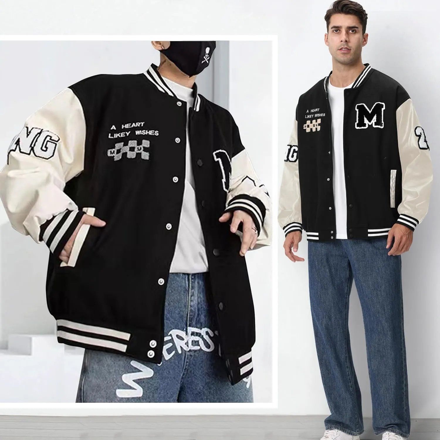 Mens Varsity Jacket Baseball Bomber Jacket Vintage Unisex Streetwear Coats with Patchwork Hipster Utility Tops