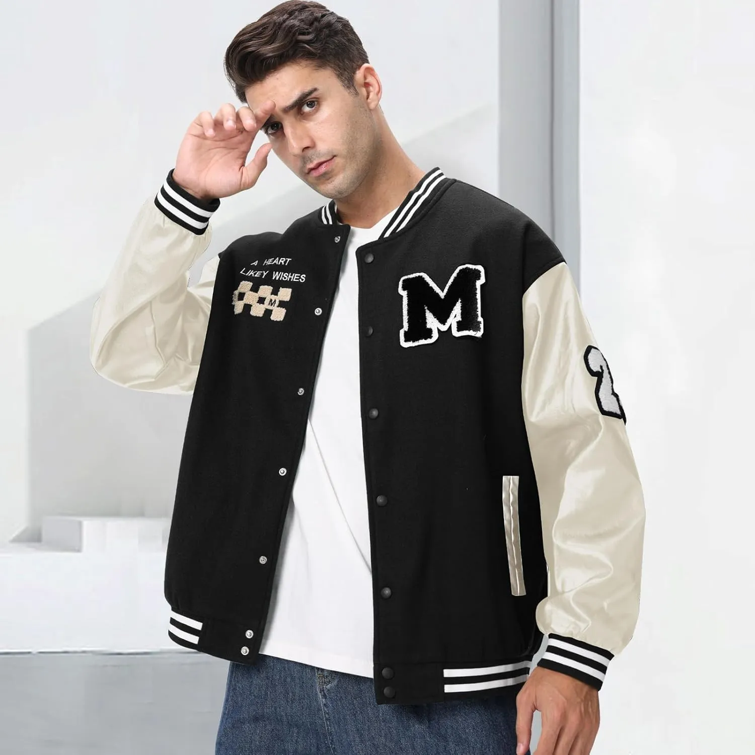Mens Varsity Jacket Baseball Bomber Jacket Vintage Unisex Streetwear Coats with Patchwork Hipster Utility Tops