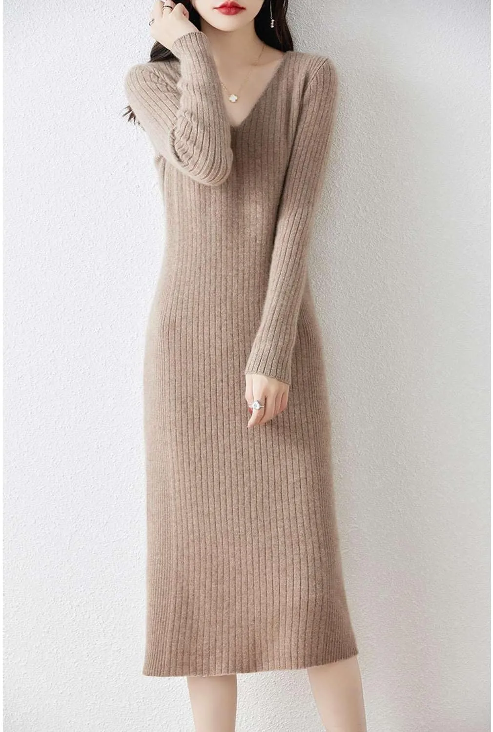 Merino Wool Sweater Dress Women's Long Sleeve Knitted V Neck Jumper Fall Winter Slim Long Tops