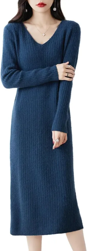 Merino Wool Sweater Dress Women's Long Sleeve Knitted V Neck Jumper Fall Winter Slim Long Tops