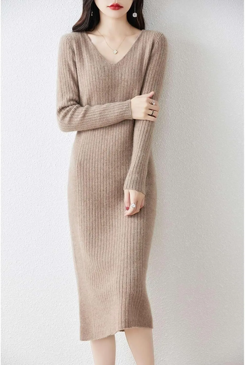 Merino Wool Sweater Dress Women's Long Sleeve Knitted V Neck Jumper Fall Winter Slim Long Tops