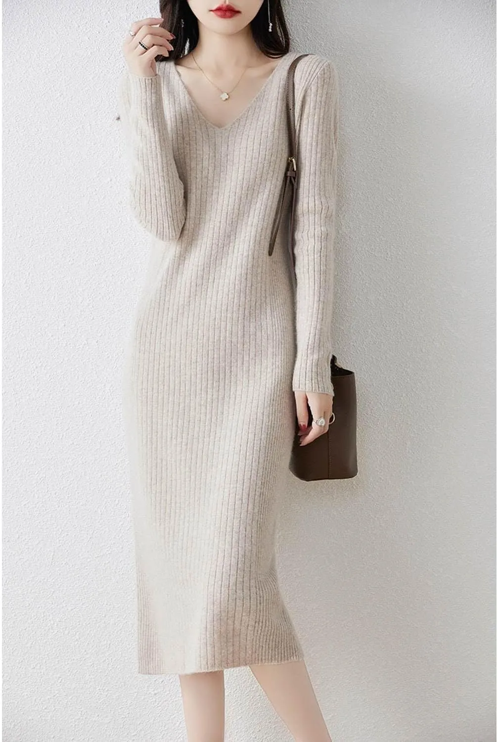 Merino Wool Sweater Dress Women's Long Sleeve Knitted V Neck Jumper Fall Winter Slim Long Tops
