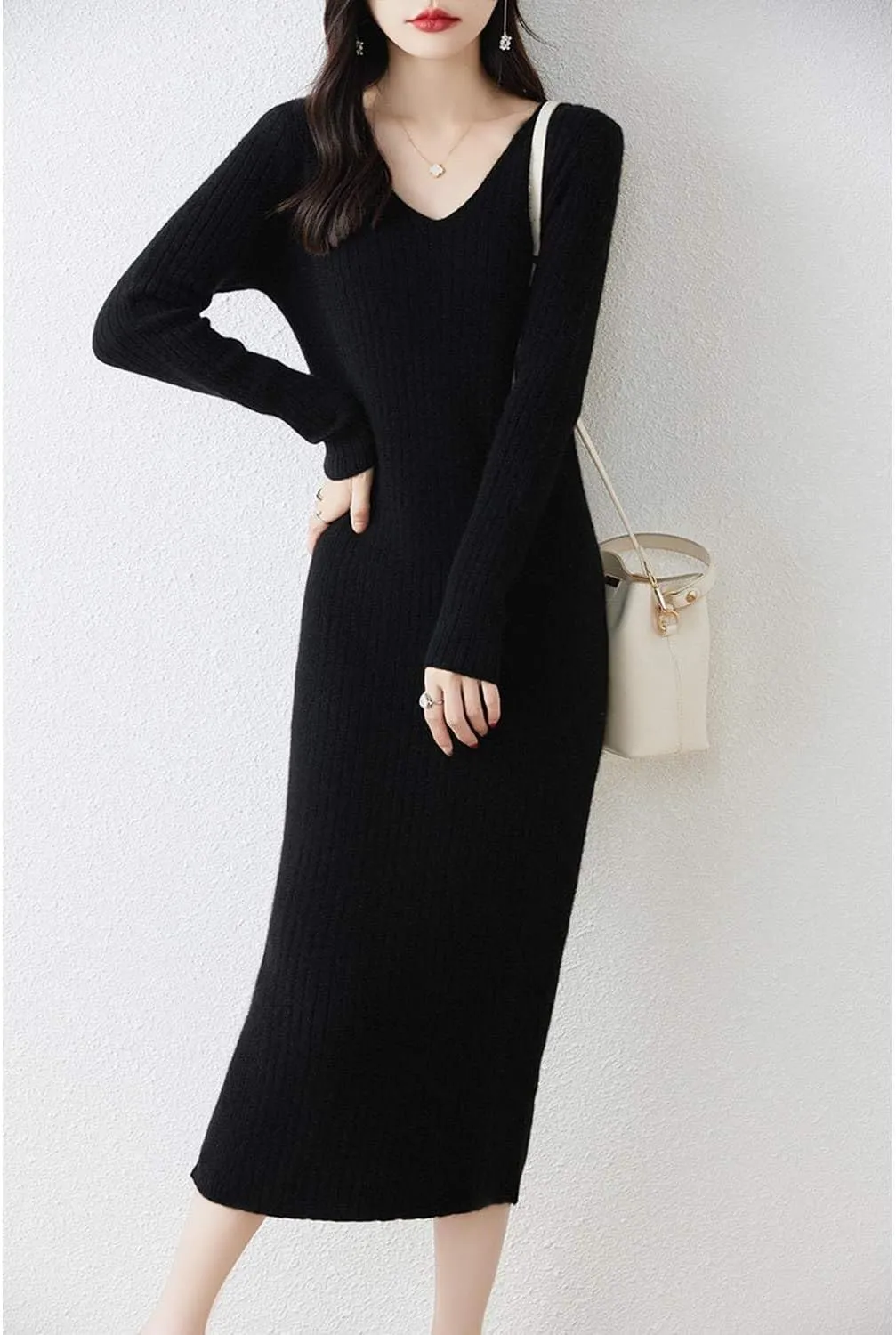 Merino Wool Sweater Dress Women's Long Sleeve Knitted V Neck Jumper Fall Winter Slim Long Tops