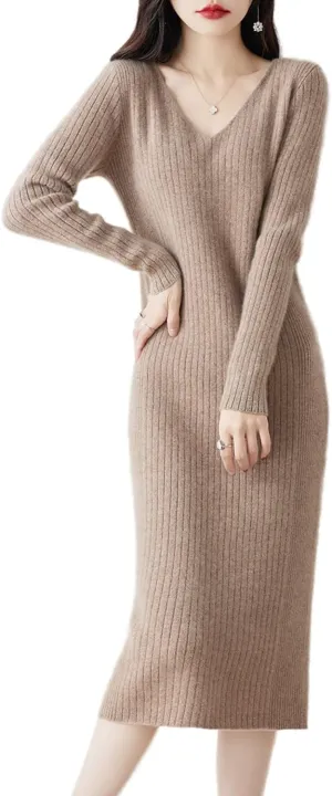 Merino Wool Sweater Dress Women's Long Sleeve Knitted V Neck Jumper Fall Winter Slim Long Tops