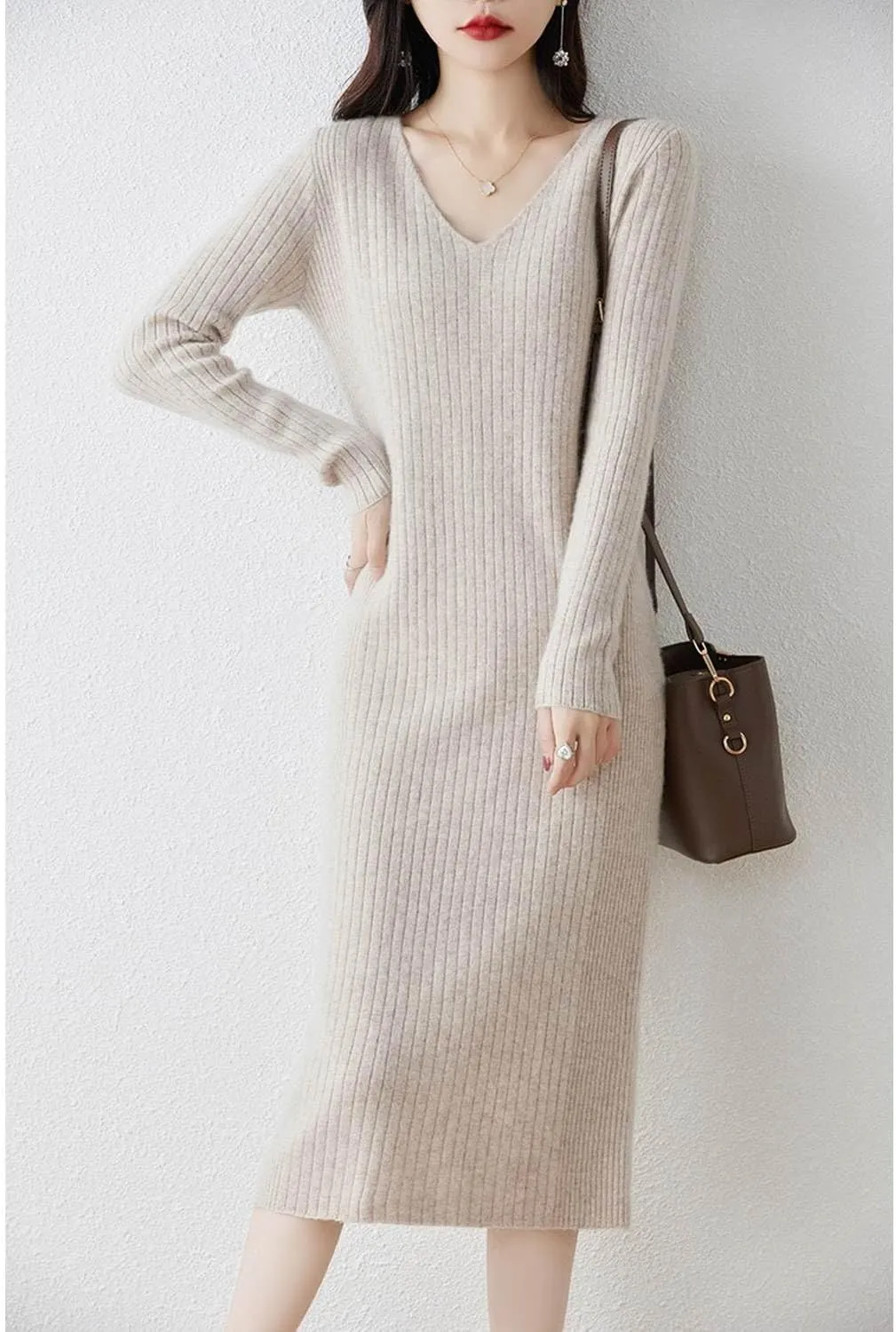 Merino Wool Sweater Dress Women's Long Sleeve Knitted V Neck Jumper Fall Winter Slim Long Tops