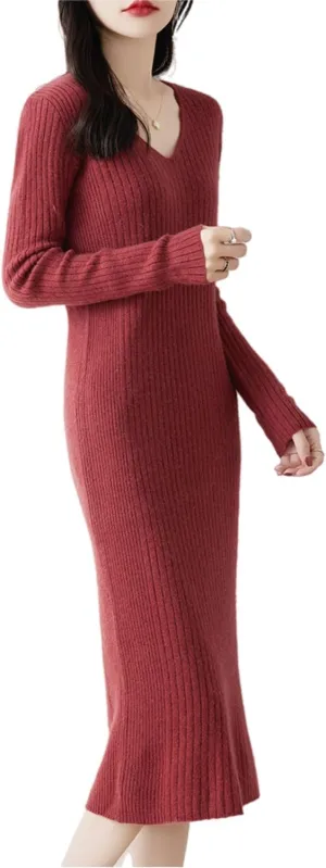 Merino Wool Sweater Dress Women's Long Sleeve Knitted V Neck Jumper Fall Winter Slim Long Tops