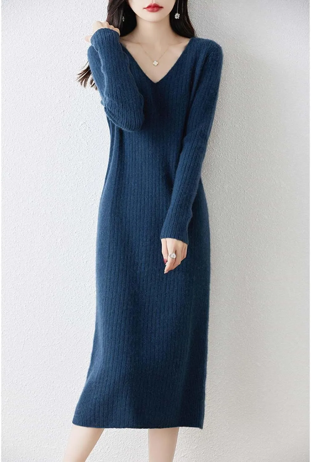 Merino Wool Sweater Dress Women's Long Sleeve Knitted V Neck Jumper Fall Winter Slim Long Tops