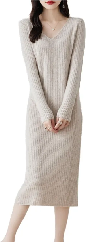 Merino Wool Sweater Dress Women's Long Sleeve Knitted V Neck Jumper Fall Winter Slim Long Tops