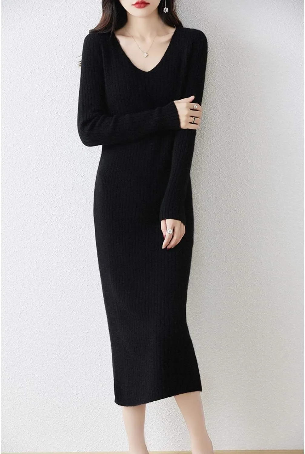 Merino Wool Sweater Dress Women's Long Sleeve Knitted V Neck Jumper Fall Winter Slim Long Tops