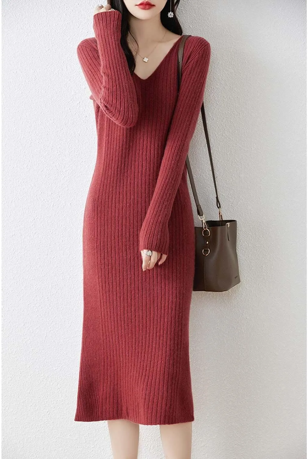 Merino Wool Sweater Dress Women's Long Sleeve Knitted V Neck Jumper Fall Winter Slim Long Tops