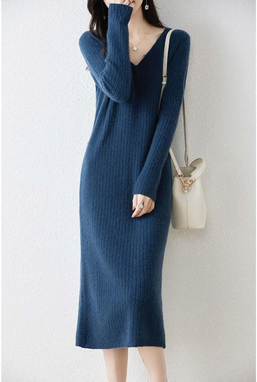 Merino Wool Sweater Dress Women's Long Sleeve Knitted V Neck Jumper Fall Winter Slim Long Tops