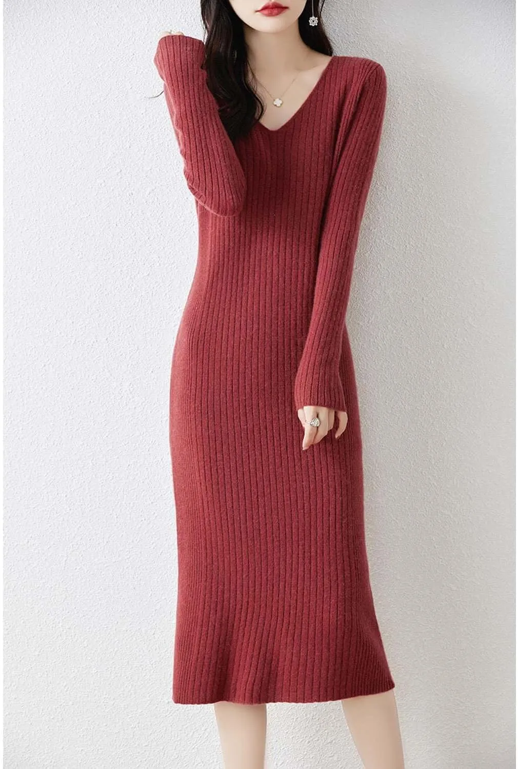 Merino Wool Sweater Dress Women's Long Sleeve Knitted V Neck Jumper Fall Winter Slim Long Tops