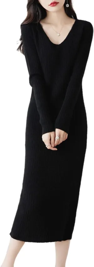 Merino Wool Sweater Dress Women's Long Sleeve Knitted V Neck Jumper Fall Winter Slim Long Tops