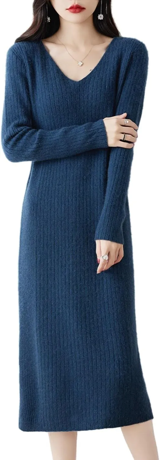 Merino Wool Sweater Dress Women's Long Sleeve Knitted V Neck Jumper Fall Winter Slim Long Tops