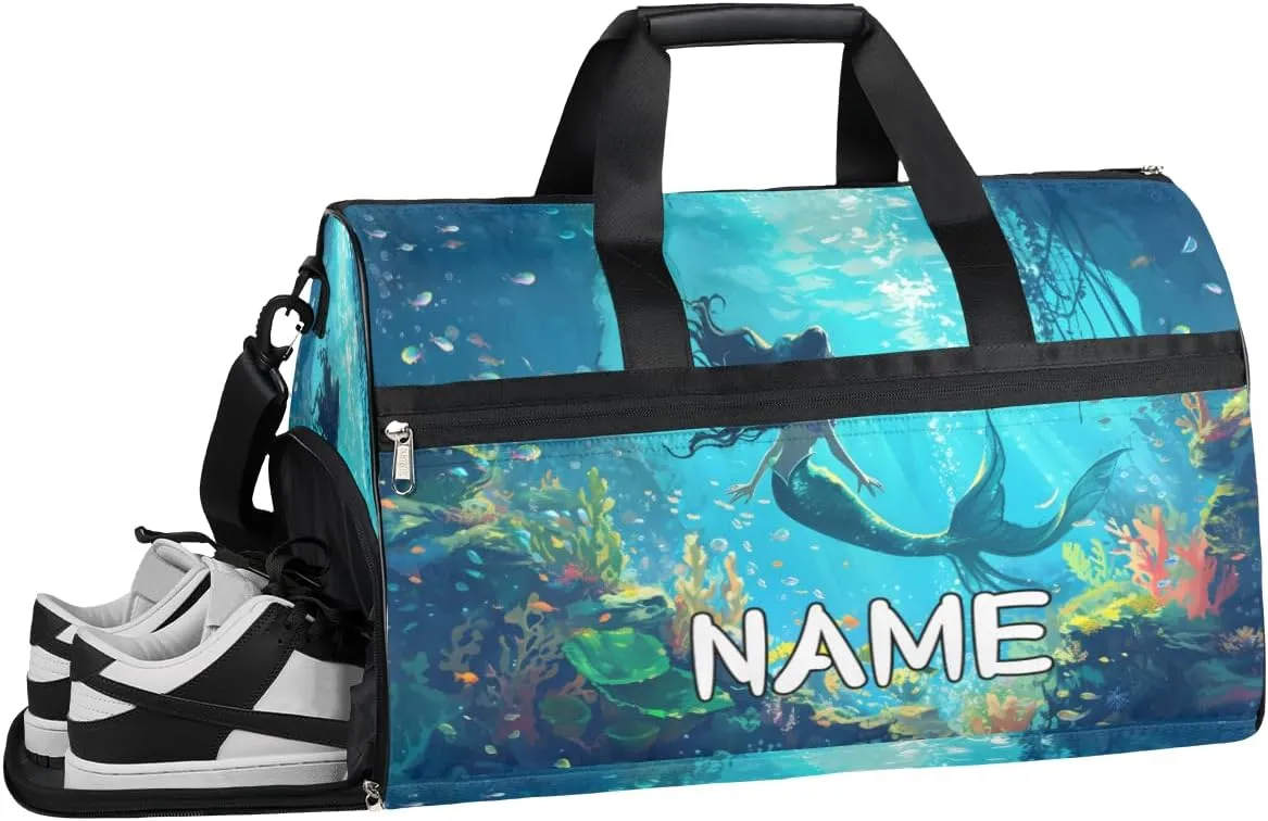 Mermaid Ocean Summer Sports Gym Bag with Wet Pocket & Shoes Compartment Travel Duffel Bag for Women Men Custom Sports Gym Bag Personalized Overnight Stay Weekend Tote Beach Luggage