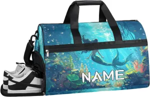 Mermaid Ocean Summer Sports Gym Bag with Wet Pocket & Shoes Compartment Travel Duffel Bag for Women Men Custom Sports Gym Bag Personalized Overnight Stay Weekend Tote Beach Luggage