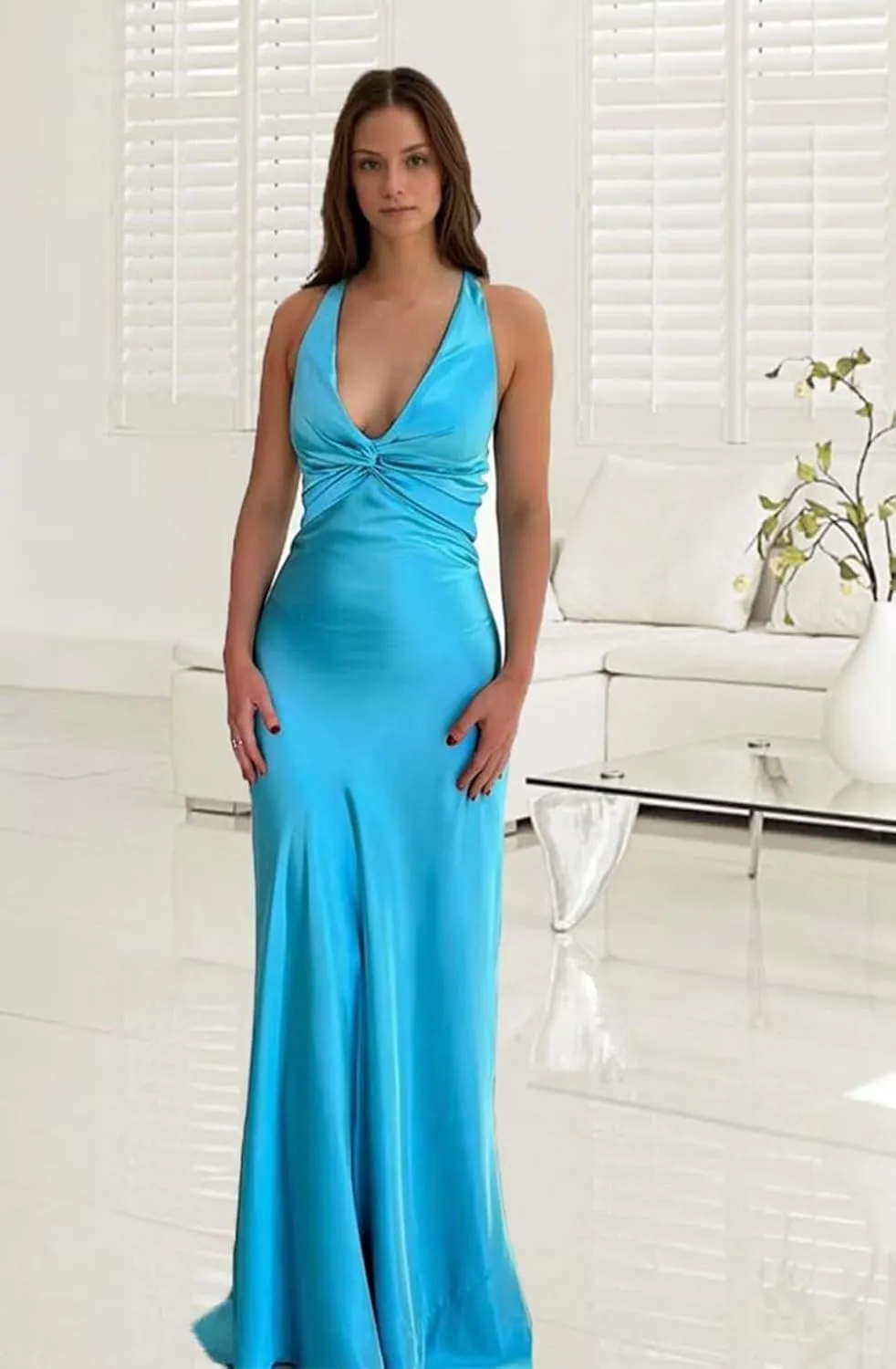 Mermaid Satin Bridesmaid Dresses Deep V Neck Backless Formal Evening Prom Dresses for Women