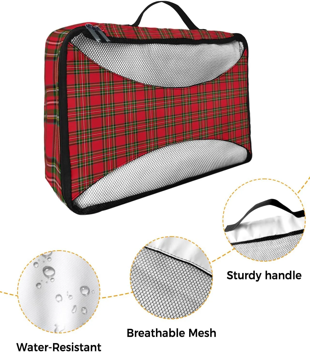 Merry Christmas Red Green Buffalo Checked 4 Set Packing Cubes, Winter Line Stripe Retro Packing Cubes for Carry on Suitcase Travel Essential Bag for Clothes Shoes Cosmetics Toiletry
